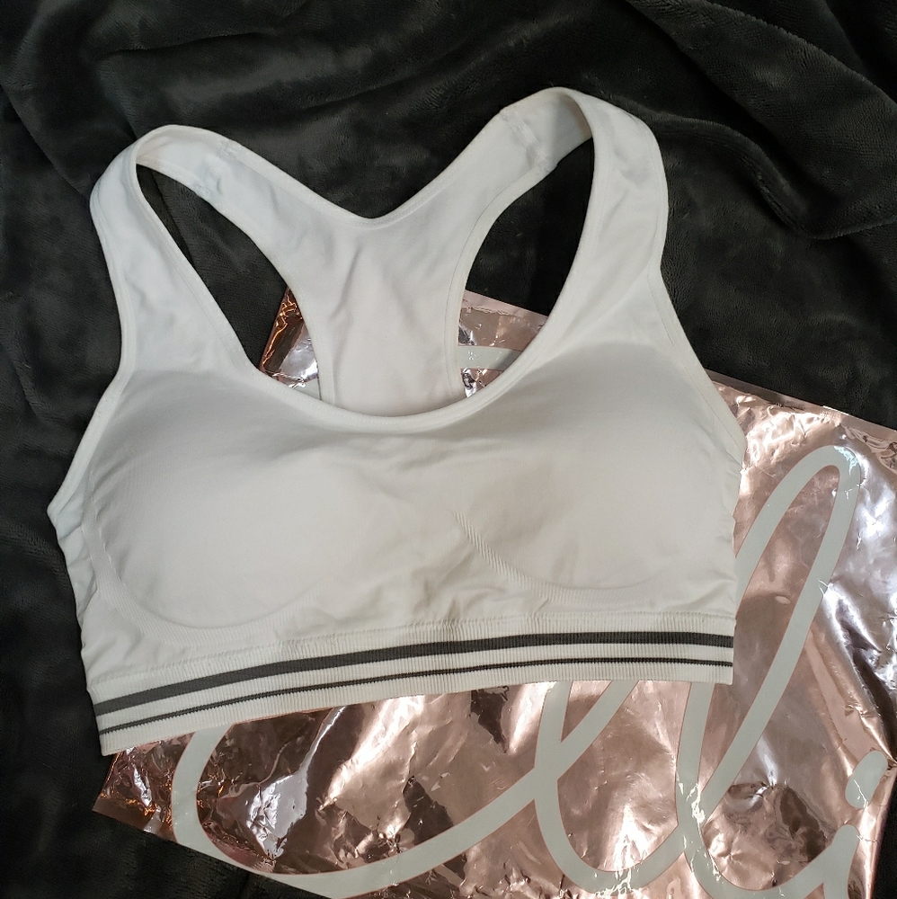 New Marika White Sports Bra w/ gray stripes